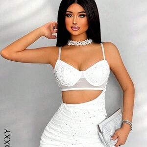 White Embellished Crop Top and Skirt Set